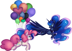 Size: 1024x731 | Tagged: safe, artist:redpandiey, imported from derpibooru, pinkie pie, princess luna, pony, balloon, floating, simple background, then watch her balloons lift her up to the sky, transparent background