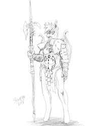 Size: 2000x2500 | Tagged: safe, artist:slouping, imported from derpibooru, oc, oc only, oc:frostborn, anthro, bat pony, abs, armor, collar, fangs, fur, glyph, halberd, jewelry, knife, loincloth, monochrome, signature, sketch, solo, standing, tattoo, teeth, tribal, weapon, wings