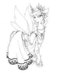 Size: 3847x4887 | Tagged: safe, artist:longinius, imported from derpibooru, oc, oc only, oc:queen polistae, changeling, changeling queen, changeling queen oc, clothes, crown, dress, female, grayscale, horn ring, jewelry, looking down, mare, monochrome, necklace, nightgown, pearl necklace, regalia, shoes, solo, wings