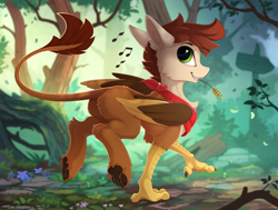 Size: 2300x1740 | Tagged: safe, artist:yakovlev-vad, imported from derpibooru, oc, oc only, oc:swango, hippogriff, bandana, forest, haystick, looking at you, looking back, music notes, neckerchief, paw pads, paws, rear view, scenery, solo, straw in mouth, underpaw, walking