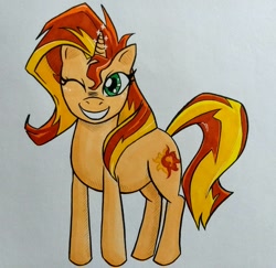 Size: 1555x1512 | Tagged: safe, artist:felinillo, imported from derpibooru, sunset shimmer, pony, unicorn, female, one eye closed, simple background, smiling, solo, traditional art, white background
