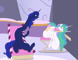 Size: 1280x981 | Tagged: safe, artist:astr0zone, imported from derpibooru, princess celestia, princess luna, duo, duo female, female, fetish, impossibly long neck, long neck, necc, princess luneck, princess necklestia, reclining, relaxed, relaxing, smiling, spa, twisted neck, wat, weird fetish