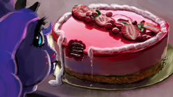 Size: 836x468 | Tagged: safe, artist:xbi, imported from derpibooru, princess luna, pony, bite mark, cake, chubby cheeks, eating, food, herbivore, puffy cheeks, realistic, strawberry