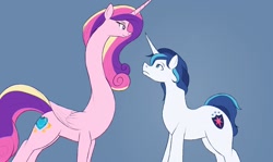 Size: 1280x762 | Tagged: safe, artist:astr0zone, imported from derpibooru, princess cadance, shining armor, alicorn, pony, unicorn, are you frustrated?, duo, female, husband and wife, impossibly long neck, long neck, looking at each other, looking up, male, mare, necc, profile, shiningcadance, shipping, simple background, stallion, straight, wat