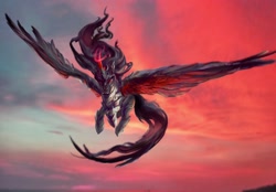 Size: 2881x2000 | Tagged: safe, artist:lara, imported from derpibooru, king sombra, alicorn, alicornified, armor, cloud, epic, flying, looking at you, magic, male, race swap, red sky, sky, solo, sombracorn, spread wings, wings