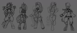 Size: 1280x544 | Tagged: safe, artist:bastianmage, imported from derpibooru, applejack, fluttershy, pinkie pie, rainbow dash, rarity, anthro, unguligrade anthro, bell, belly button, boots, bustier, clothes, collar, corset, cowbell, daisy dukes, evil applejack, evil fluttershy, evil pinkie pie, evil rainbow dash, evil rarity, female, flight suit, front knot midriff, garter belt, garters, hair over eyes, halter top, hidden eyes, lip bite, midriff, mirror universe, off shoulder, one-piece swimsuit, pigtails, pose, shoes, shorts, simple background, sketch, smiling, socks, stockings, striped socks, swimsuit, thigh highs, unzipped, wristband