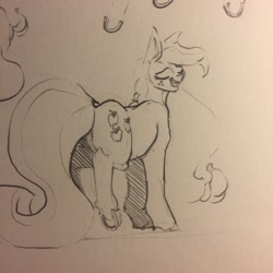 Size: 1280x1280 | Tagged: safe, artist:greyscaleart, imported from derpibooru, applejack, earth pony, pony, butt, eyes closed, female, hatless, mare, missing accessory, monochrome, plot, simple background, sketch, solo, traditional art, underhoof, white background
