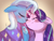 Size: 4620x3542 | Tagged: safe, artist:cherivinca, imported from derpibooru, starlight glimmer, trixie, pony, unicorn, blushing, cape, clothes, cuddling, cute, diatrixes, duo, eyes closed, female, floppy ears, glimmerbetes, gradient background, happy, lesbian, mare, nuzzling, shipping, smiling, snuggling, startrix, trixie's cape