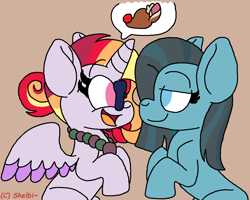 Size: 1000x801 | Tagged: safe, artist:shelbi-cat, imported from derpibooru, oc, oc only, oc:daybreak shine, oc:pebblestone pie, alicorn, earth pony, pony, alicorn oc, glasses, looking at each other, magical lesbian spawn, offspring, parent:cheese sandwich, parent:pinkie pie, parent:sunset shimmer, parent:twilight sparkle, parents:cheesepie, parents:sunsetsparkle, pictogram, speech bubble
