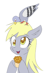 Size: 3000x4500 | Tagged: safe, artist:yinglongfujun, artist:yinglung, imported from derpibooru, derpy hooves, bird, pegasus, pigeon, pony, cute, derpabetes, female, food, mare, muffin, simple background, solo, transparent background