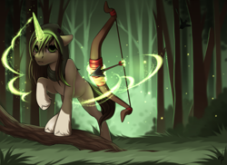 Size: 1315x956 | Tagged: safe, artist:empaws, imported from derpibooru, oc, oc only, oc:clouded wisp, pony, unicorn, archer, arrow, assassin, bow, bow (weapon), bow and arrow, commission, female, forest, grass, hood, lights, magic, mare, solo, tree, weapon