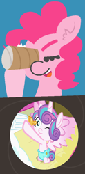 Size: 4267x8640 | Tagged: safe, artist:threetwotwo32232, edit, editor:michaelsety, imported from derpibooru, screencap, pinkie pie, princess flurry heart, alicorn, pony, a flurry of emotions, absurd resolution, baby, baby carriage, blinking, bottle, cute, diaper, eyes closed, flurrybetes, hoof hold, kneeling, spread wings, toilet paper roll, what does she see, wings