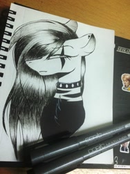 Size: 2448x3264 | Tagged: safe, artist:noey11843, imported from derpibooru, oc, oc only, oc:emala jiss, pony, bust, choker, female, high res, mare, monochrome, photo, portrait, solo, spiked choker, traditional art