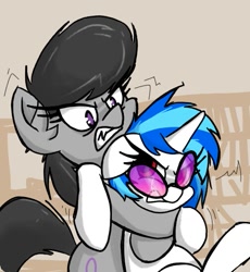 Size: 505x548 | Tagged: safe, artist:plunger, imported from derpibooru, dj pon-3, octavia melody, vinyl scratch, earth pony, pony, unicorn, 4chan, angry, drawthread, female, floppy ears, frazzled hair, gritted teeth, headlock, mare, messy mane, my little pony, red eyes, simple background, sports, wrestling