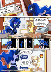 Size: 955x1351 | Tagged: safe, artist:mysticalpha, imported from derpibooru, nightmare moon, princess luna, oc, alicorn, earth pony, pony, blade runner 2049, cinema, comic, dark alley, dialogue, female, mare, movie reference, my little dragon, nightmare moon glamour, not safe for woona, parody, speech bubble, them, transformation