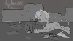 Size: 1084x613 | Tagged: safe, artist:surcouff, imported from derpibooru, oc, oc only, oc:deady, classical unicorn, pony, unicorn, fallout equestria, cloven hooves, curved horn, cutie mark, female, glowing horn, grayscale, gun, hooves, horn, leonine tail, levitation, lying down, magic, mare, monochrome, optical sight, radio, rifle, sniper, sniper rifle, solo, telekinesis, text, unshorn fetlocks, wasteland, weapon