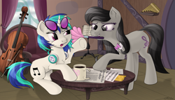 Size: 2235x1287 | Tagged: safe, artist:awalex, imported from derpibooru, dj pon-3, octavia melody, vinyl scratch, pony, annoyed, cello, chair, coffee, coffee mug, coffee table, duo, duster, dusting, female, mouth hold, mug, music stand, musical instrument, newspaper, panpipes, table