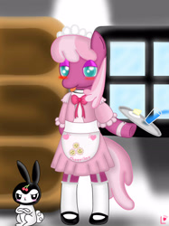 Size: 1936x2592 | Tagged: safe, artist:x157258, imported from derpibooru, angel bunny, cheerilee, semi-anthro, bipedal, clothes, female, maid, mare