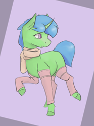 Size: 1141x1530 | Tagged: safe, artist:surcouff, imported from derpibooru, oc, oc only, oc:quick fix, pony, unicorn, abstract background, clothes, leg warmers, looking back, male, open mouth, scarf, solo