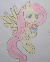 Size: 1771x2200 | Tagged: safe, artist:iron-hooved, imported from derpibooru, fluttershy, rainbow dash, pony, age regression, baby, baby dash, baby pony, cuddling, cute, flying, traditional art