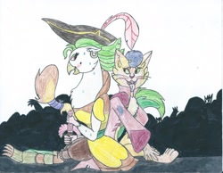 Size: 2195x1700 | Tagged: safe, artist:triforce-treasure, imported from derpibooru, capper dapperpaws, captain celaeno, abyssinian, anthro, bird, cat, my little pony: the movie, caplaeno, shipping, traditional art