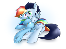 Size: 4000x3000 | Tagged: safe, artist:bakasan, deleted from derpibooru, edit, imported from derpibooru, rainbow dash, soarin', pony, blushing, female, male, plot, plot pair, sfw edit, shipping, soarindash, straight, underhoof