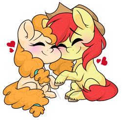 Size: 2779x2749 | Tagged: safe, artist:twisted-sketch, imported from derpibooru, bright mac, pear butter, earth pony, pony, the perfect pear, applejack's parents, blushing, brightbutter, chibi, cowboy hat, cute, eyes closed, female, hat, heart, male, mare, shipping, simple background, smiling, stallion, stetson, straight, watermark, white background