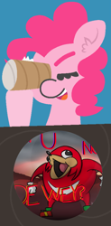 Size: 4267x8640 | Tagged: safe, artist:threetwotwo32232, edit, imported from derpibooru, pinkie pie, earth pony, pony, absurd resolution, blinking, crossover, eyes closed, female, hoof hold, knuckles-pinkie war, mare, meme, open mouth, smiling, sonic the hedgehog (series), toilet paper roll, ugandan knuckles, wat, what does she see