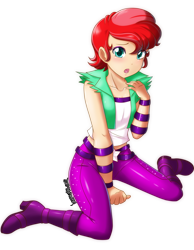 Size: 3333x4300 | Tagged: safe, artist:danmakuman, imported from derpibooru, oc, oc only, oc:golden sheen, human, equestria girls, absurd resolution, bracelet, clothes, clothes swap, commission, crossdressing, equestria girls outfit, human coloration, humanized, implied aria blaze, jewelry, looking at you, male, midriff, open mouth, pants, simple background, solo, transparent background, wristband