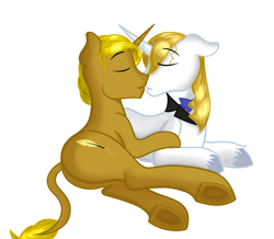 Size: 3635x3165 | Tagged: safe, artist:nighty96, imported from derpibooru, prince blueblood, oc, oc:golden gallop-ink, couple, gay, kissing, lying down, male, nobility, on side, prone, side