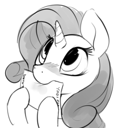 Size: 868x873 | Tagged: safe, artist:dimfann, imported from derpibooru, rarity, pony, unicorn, biting, blushing, bust, cute, female, grayscale, hoof hold, looking up, mare, monochrome, mouth hold, nom, simple background, solo, white background