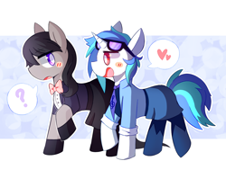 Size: 1280x967 | Tagged: safe, artist:lupeylycan, imported from derpibooru, dj pon-3, octavia melody, vinyl scratch, pony, blush sticker, blushing, bowtie, clothes, female, heart, lesbian, looking at each other, mare, necktie, pictogram, question mark, scratchtavia, shipping, tribute, tuxedo