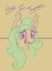 Size: 500x675 | Tagged: safe, artist:tehflah, imported from derpibooru, oc, oc only, oc:wicked ways, bat pony, pony, bust, dialogue, ear fluff, ear tufts, eeee, eye clipping through hair, eyeshadow, fangs, female, grin, lidded eyes, looking at you, makeup, mare, nervous, simple background, sketch, smiling, solo, squee, sweat, text, yellow background