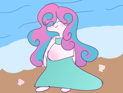 Size: 1024x768 | Tagged: safe, artist:rubyg242, imported from derpibooru, princess flurry heart, human, equestria girls, adult, barefoot, beach, belly, clothes, cute, dress, feet, female, happy, mama flurry, multiple pregnancy, older, pregnant, seashell, seashore, smiling, solo, stroll, strolling