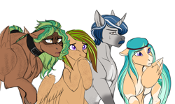 Size: 2877x1718 | Tagged: safe, artist:azraelartz, artist:theecchiqueen, imported from derpibooru, oc, oc only, oc:kiwi breeze, oc:silver lining, oc:whirlwind, oc:willow breeze, pegasus, pony, unicorn, body freckles, brother and sister, collar, female, freckles, husband and wife, kiwing, male, mother and daughter, mother and son, siblings, simple background, surprised