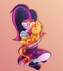 Size: 1874x2101 | Tagged: safe, artist:little-tweenframes, deleted from derpibooru, imported from derpibooru, sci-twi, sunset shimmer, twilight sparkle, pony, series:sciset diary, equestria girls, cuddling, cute, daaaaaaaaaaaw, eyes closed, female, glasses, holding a pony, lesbian, scitwishimmer, shimmerbetes, shipping, sitting, smiling, snuggling, sunsetsparkle, twiabetes