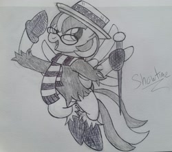 Size: 3113x2756 | Tagged: safe, artist:showtimeandcoal, imported from derpibooru, oc, oc only, oc:peppermint, pegasus, pony, a year without a santa claus, cane, clothes, commission, dress up, female, filly, glasses, hat, ink, mare, monochrome, outfit, pen, pencil, scarf, sketch, snow miser, solo, traditional art