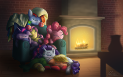 Size: 5796x3622 | Tagged: safe, artist:helmie-art, artist:helmie-d, imported from derpibooru, applejack, fluttershy, pinkie pie, rainbow dash, rarity, twilight sparkle, alicorn, earth pony, pegasus, pony, unicorn, absurd resolution, armchair, blanket, chair, clothes, cuddle puddle, cuddling, cute, eyes closed, fireplace, freckles, hearth's warming, mane six, pony pile, signature, sleeping, socks, twilight sparkle (alicorn)