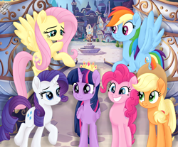 Size: 2050x1700 | Tagged: safe, artist:liniitadash23, imported from derpibooru, applejack, fluttershy, pinkie pie, rainbow dash, rarity, twilight sparkle, alicorn, earth pony, pegasus, pony, unicorn, my little pony: the movie, canterlot, female, flying, mane six, mare, movie accurate, show accurate, smiling, twilight sparkle (alicorn)