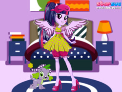 Size: 800x600 | Tagged: safe, artist:user15432, imported from derpibooru, spike, twilight sparkle, alicorn, dog, human, equestria girls, bed, bedroom, clothes, dress, dressup, hat, humanized, nightcap, pajamas, ponied up, sleep mask, slippers, slumber party, spike the dog, starsue, twilight sparkle (alicorn), winged humanization, wings