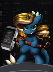 Size: 1024x1409 | Tagged: safe, artist:pridark, imported from derpibooru, oc, oc only, oc:tidal charm, aquapony, pony, banhammer, commission, female, hammer, looking at you, mare, smiling, solo