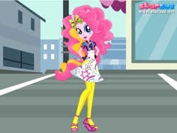 Size: 800x600 | Tagged: safe, artist:user15432, imported from derpibooru, pinkie pie, human, equestria girls, rainbow rocks, bow, clothes, dress, dressup, fashion, fashion style, fashionista, female, fingerless gloves, gloves, hair bow, high heels, ponied up, shoes, solo, starsue, toy