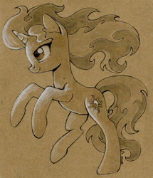 Size: 600x699 | Tagged: safe, artist:maytee, imported from derpibooru, sunset shimmer, pony, unicorn, female, mare, monochrome, partial color, rearing, sepia, sketch, smiling, solo, traditional art