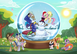 Size: 3393x2399 | Tagged: safe, artist:seanica, imported from derpibooru, angel bunny, derpy hooves, discord, doctor whooves, fluttershy, spike, time turner, butterfly, dragon, clothes, drinking, flying, food, hat, ice cream, juice, scarf, snow globe, snowman, spread wings, sunglasses, tongue out, wings