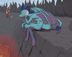 Size: 5000x3978 | Tagged: safe, artist:double-zr-tap, imported from derpibooru, garble, mina, princess ember, dragon, absurd resolution, bored, dragon lands, dragon lord ember, dragoness, female, lava, male, sitting