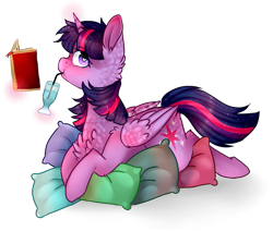 Size: 913x774 | Tagged: safe, artist:twinkepaint, imported from derpibooru, twilight sparkle, alicorn, pony, book, chest fluff, drinking, female, heart eyes, magic, mare, pillow, prone, relaxing, simple background, solo, telekinesis, transparent background, twilight sparkle (alicorn), wingding eyes