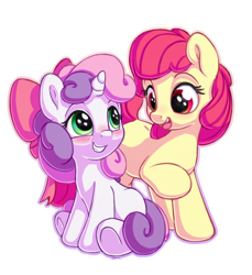Size: 1100x1200 | Tagged: safe, artist:bobdude0, imported from derpibooru, apple bloom, sweetie belle, earth pony, pony, unicorn, accessory swap, adorabloom, blushing, bow, cute, diasweetes, duo, eye contact, female, filly, hair bow, looking at each other, raised hoof, simple background, white background
