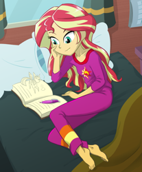 Size: 780x940 | Tagged: safe, artist:ta-na, imported from derpibooru, sunset shimmer, twilight sparkle, alicorn, human, equestria girls, barefoot, bed, book, calendar, clothes, curtains, cutie mark on clothes, desk, feet, female, haycartes' method, heart, horn, journal, lying down, on side, pajamas, paper, paper pony, paper twilight, pen, pillow, side, smiling, solo, twilight sparkle (alicorn), window, wings