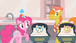 Size: 1280x720 | Tagged: safe, imported from derpibooru, screencap, carrot cake, pinkie pie, pound cake, pumpkin cake, pony, baby cakes, baby, baby pony