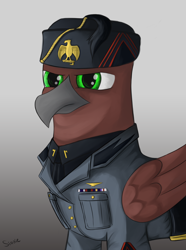 Size: 2340x3150 | Tagged: safe, artist:sinniepony, imported from derpibooru, oc, oc only, oc:giulio beakolini, griffon, equestria at war mod, benito mussolini, fascism, fascist, fez, gradient background, green eyes, griffonized, hat, military uniform, solo, species swap